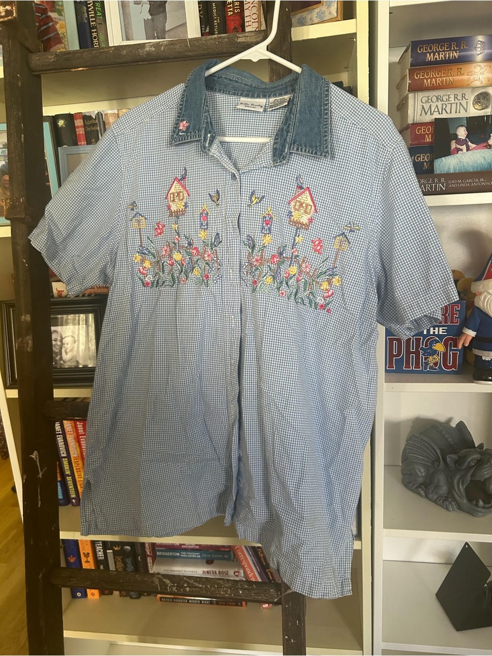 Vintage Bobbie Brooks Gingham Button-Down Shirt with Embroidered Floral Design